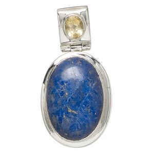 Pendant, lapis lazuli (natural) / citrine (heated) / sterling silver, 53x27mm oval. Sold individually.