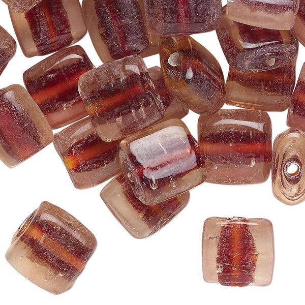 Bead, lampworked glass, translucent clear, purple and orange, 11mm flat square. Sold per pkg of 50. image number 0