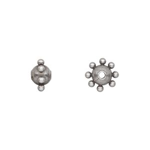 Bead, antiqued silver-plated steel, 9x6mm studded round. Sold per pkg of 10.