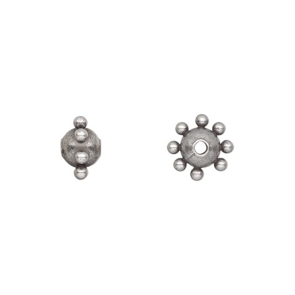 Bead, antiqued silver-plated steel, 9x6mm studded round. Sold per pkg of 10. image number 0