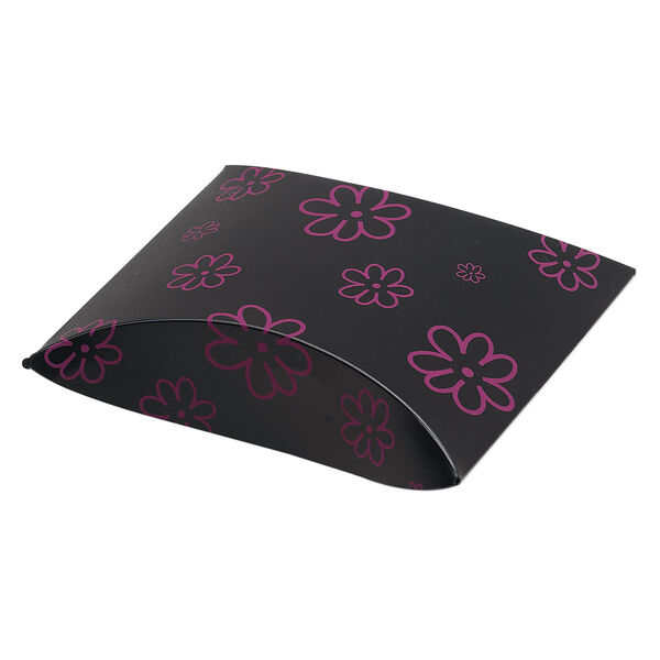 Box, PVC plastic, opaque black and pink, 3-1/2 x 2 x 1-inch assembled pillow with flower design. Sold per pkg of 10. image number 0