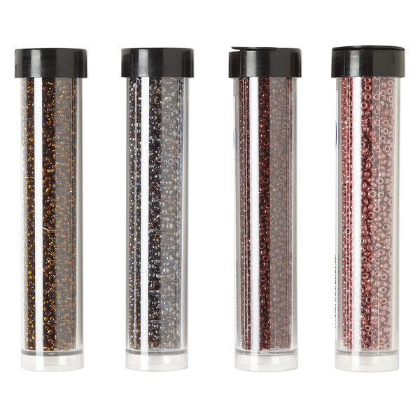Seed bead assortment, Ming Tree™, glass, pkg/(4) 4 x 3/4 inch vials, #11 round, opaque and transparent silver-lined luster brown. image number 0