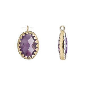 Drop, amethyst (natural) and gold-finished sterling silver, 15x11mm double-sided faceted oval. Sold individually.