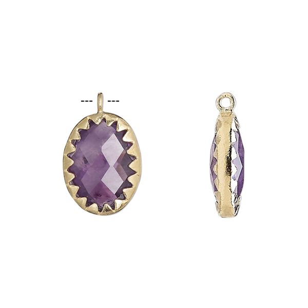 Drop, amethyst (natural) and gold-finished sterling silver, 15x11mm double-sided faceted oval. Sold individually. image number 0