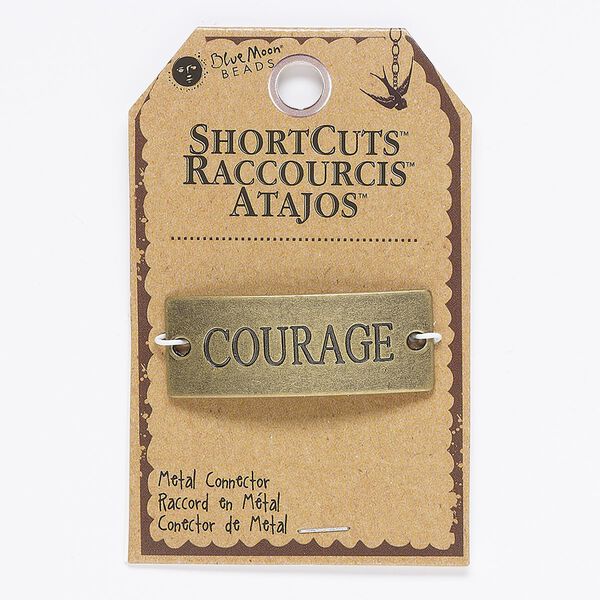 Focal, antique brass-finished "pewter" (zinc-based alloy), 47x18mm rectangle with "COURAGE" and 2 loops. Sold individually. image number 0