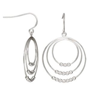 Earring, sterling silver, 39.5mm hoop with 3 rings and 2mm round. Sold per pair.