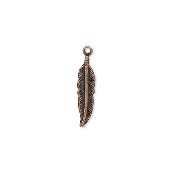 Charm, antique copper-plated brass, 18x4mm single-sided feather. Sold per pkg of 500. image number 0