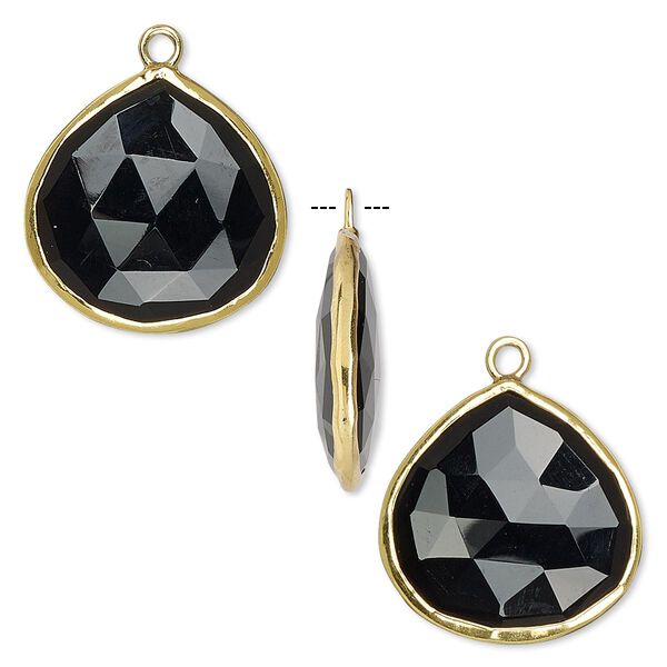 Drop, black onyx (dyed) and gold-finished sterling silver, 20mm double-sided faceted teardrop. Sold per pkg of 2. image number 0