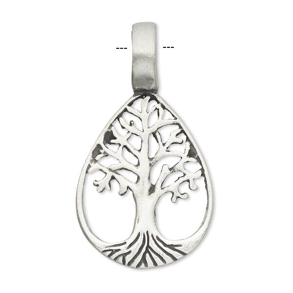 Pendant, antiqued pewter (tin-based alloy), 38x21mm teardrop with tree of life. Sold individually. image number 0