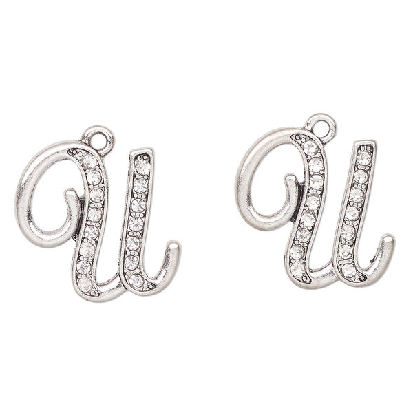 Charm, antique silver-finished "pewter" (zinc-based alloy) and glass, clear, 22x21mm letter "U". Sold per pkg of 2. image number 0