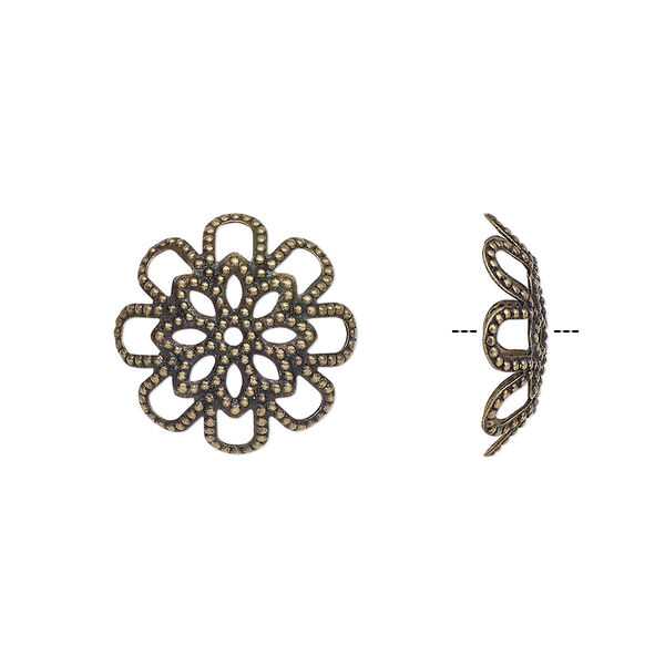 Bead cap, antique brass-plated brass,17x4.5mm flower with cutout design, fits 20-24mm bead. Sold per pkg of 20. image number 0