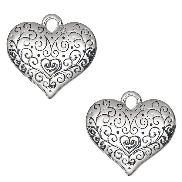 Charm, antique silver-plated "pewter" (zinc-based alloy), 28x24mm single-sided domed heart with swirl design. Sold per pkg of 2. image number 0