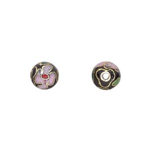 Bead, cloisonn&eacute;, enamel and gold-finished copper, black and multicolored, 8mm round with flower design. Sold per pkg of 10.