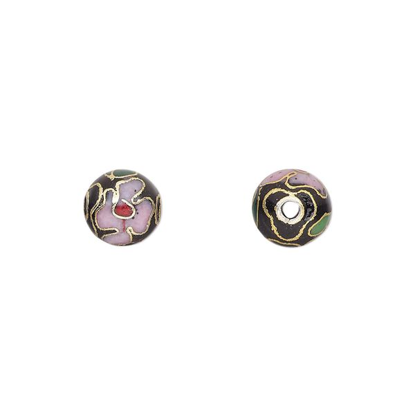 Bead, cloisonné, enamel and gold-finished copper, black and multicolored, 8mm round with flower design. Sold per pkg of 10. image number 0