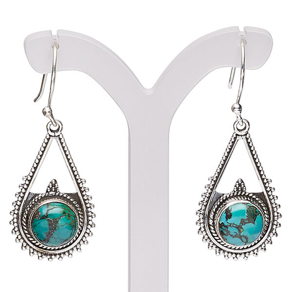 Earring, Create Compliments®, magnesite (dyed / stabilized) and antiqued sterling silver, turquoise green, 40mm with beaded teardrop and fishhook ear wire, 21 gauge. Sold per pair. image number 0