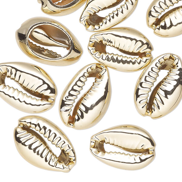 Component, electroplated cowrie shell, gold, 16x11mm-19x12mm hand-cut cowrie, Mohs hardness 3-1/2. Sold per pkg of 10. image number 0