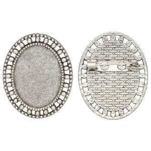 Brooch back, glue-in, antique silver-finished "pewter" (zinc-based alloy), 33x26.5mm single-sided oval with beaded edge with 25x18mm oval setting. Sold per pkg of 2.