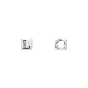 Bead, sterling silver, 5.5mm cube with alphabet letter "L." Sold individually.