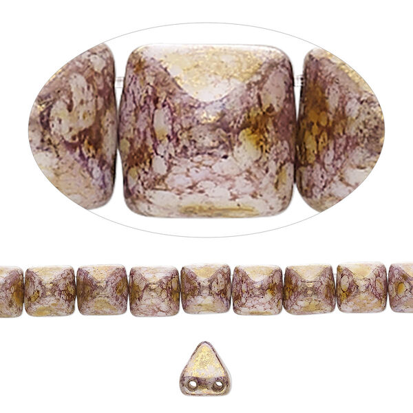 Spacer, Preciosa, Czech pressed glass, marbled opaque purple luster, 6x6x7mm 2-strand pyramid, fits up to 3mm bead. Sold per 8-inch strand, approximately 30 spacers. image number 0
