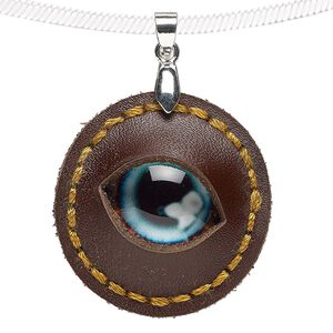 Pendant, leather (dyed) / glass / silver-plated brass, light blue and multicolored, 32mm single-sided round with dragon eye. Sold individually.
