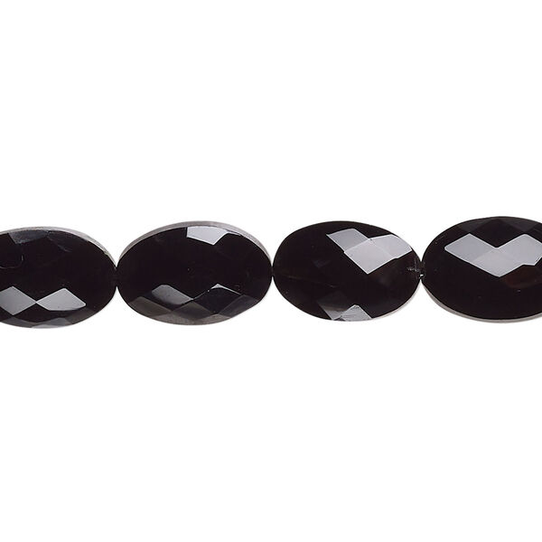 Bead, black onyx (dyed), 12x8x7mm-13x9x7mm hand-cut faceted puffed oval, B grade, Mohs hardness 6-1/2 to 7. Sold per pkg of 10. image number 0