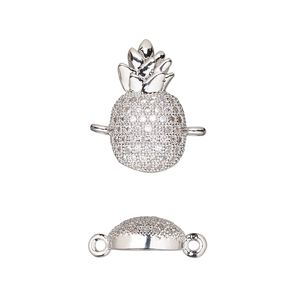 Link, cubic zirconia and silver-finished brass, clear, 16.5x9mm single-sided pineapple. Sold individually.