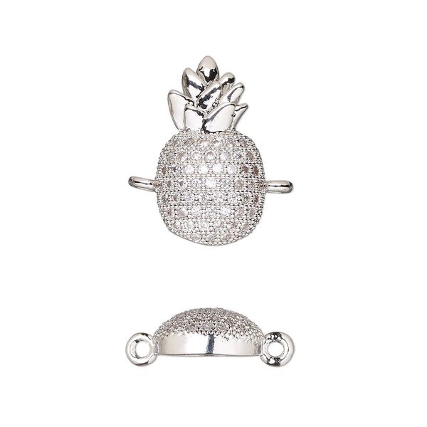 Link, cubic zirconia and silver-finished brass, clear, 16.5x9mm single-sided pineapple. Sold individually. image number 0