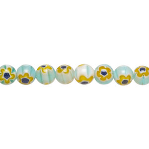 Bead, millefiori glass 1pkg1, translucent blue and multicolored, 6mm round, 15 inches.