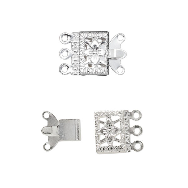 Clasp, 3-strand tab, silver-finished brass, 10x7mm square with filigree design. Sold per pkg of 10. image number 0