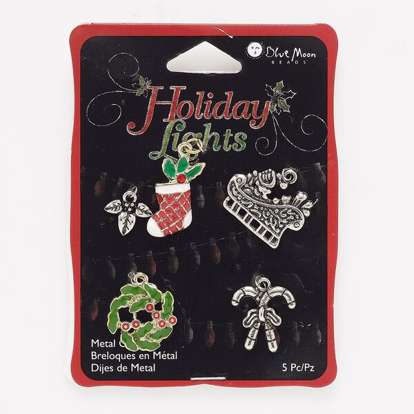 Charm mix, glass / enamel / gold- / antique silver-finished "pewter" (zinc-based alloy), red / green / white, 13x10mm-22x17mm single-sided Christmas shapes. Sold per pkg of 5. image number 0