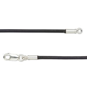 Necklace cord, Ellada Leather™, Greek leather (dyed) and sterling silver, black, 1.5mm round, 18 inches with lobster claw clasp. Sold individually.
