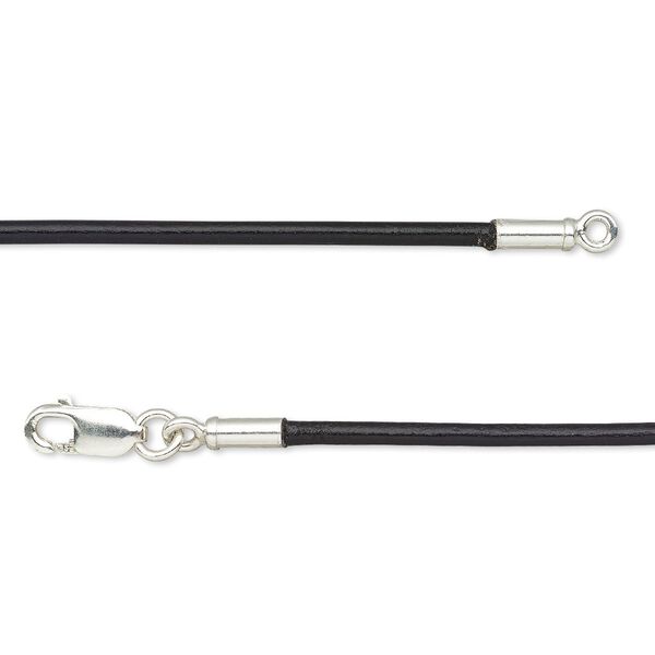 Necklace cord, Ellada Leather™, Greek leather (dyed) and sterling silver, black, 1.5mm round, 18 inches with lobster claw clasp. Sold individually. image number 0