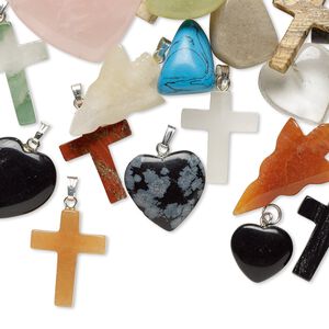 Multi-gemstone / glass / steel 1pkg25, silver finish mixed shape pendant mix 10mm-35x35mm