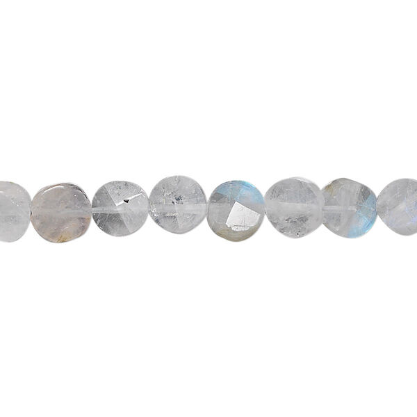 Bead, rainbow moonstone (natural), 7mm hand-cut faceted flat round, B grade, Mohs hardness 6-1/2 to 7. Sold per 15-1/2" to 16" strand. image number 0