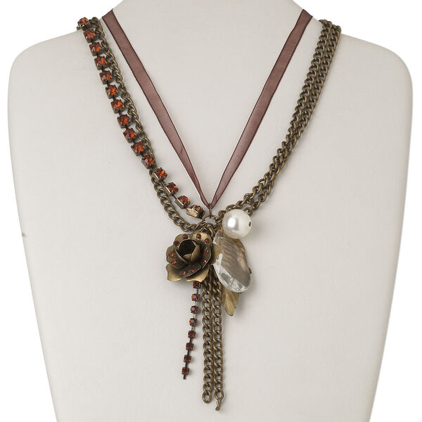 Necklace, antiqued brass-finished "pewter" (zinc-based alloy) and steel / acrylic / glass rhinestone / organza ribbon, multicolored, leaf and flower, 16-inches with 4-inch dangle and lobster claw clasp. Sold individually. image number 0