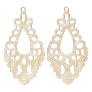 Focal, resin, tan, 51.5x29mm fancy teardrop with cutouts. Sold per pkg of 2.