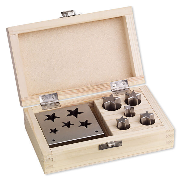 Disc cutter, steel and wood, 3x3x1-inch base for cutting 13x12mm-24x23mm stars. Sold per 6-piece set. image number 0