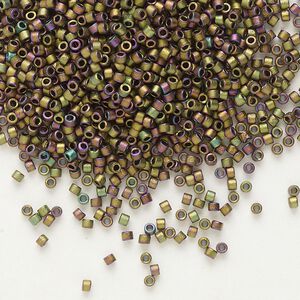 Seed bead, Delica®, glass, pkg/7.5g, #11 round, opaque matte metallic gold iris grey dusk (DB-1055).