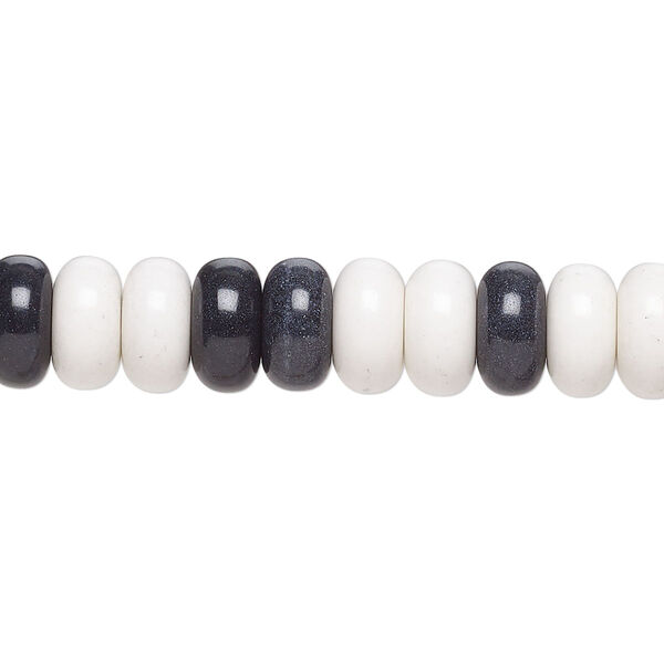 Bead, porcelain, opaque shiny black and white, 8.5x4.5mm rondelle. Sold per 15-12" to 16" strand, approximately 80 to 95 beads. image number 0