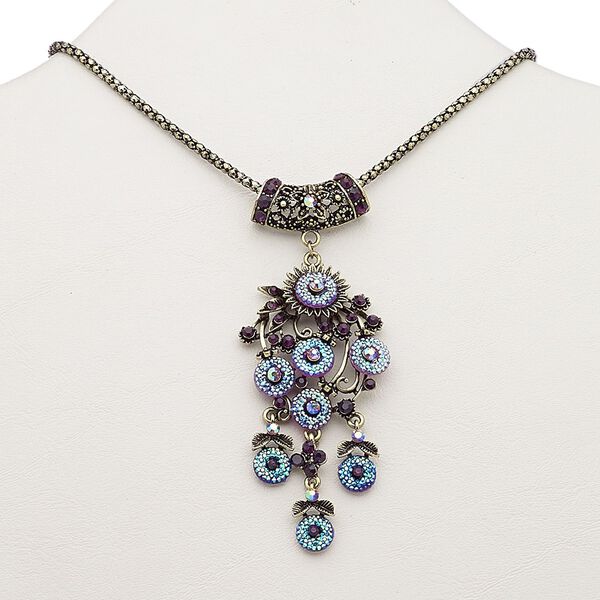 Necklace, resin / glass rhinestone / antique brass-plated steel / "pewter" (zinc-based alloy), peacock AB and dark purple, 4-1/4 inch dangle with floral design, 18 inches with 2-inch extender chain and lobster claw clasp. Sold individually. image number 0