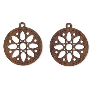 Drop, wood (natural), 19mm double-sided flat round with cutout flower design. Sold per pkg of 2.