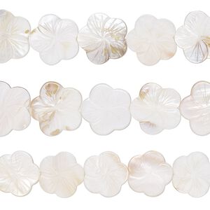 Bead, mother-of-pearl shell (natural / bleached), 27x26mm-31x30mm carved flower with 0.6-0.8mm hole, Mohs hardness 3-1/2. Sold per pkg of (3) 15-inch strands.
