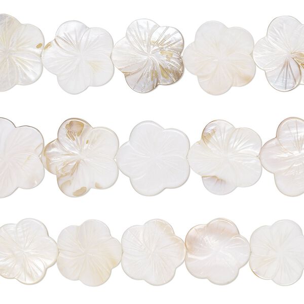 Bead, mother-of-pearl shell (natural / bleached), 27x26mm-31x30mm carved flower with 0.6-0.8mm hole, Mohs hardness 3-1/2. Sold per pkg of (3) 15-inch strands. image number 0