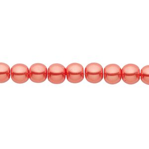 Bead, crystal pearl, orange-red, 6mm round. Sold per pkg of (2) 15-1/2" to 16" strands, approximately 130 beads.