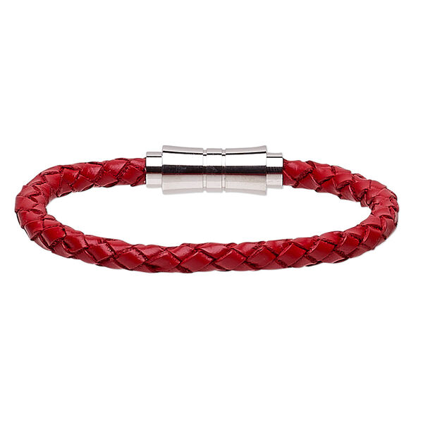 Bracelet, Everyday Jewelry, leather (dyed) and stainless steel, red, 6mm bolo cord, 6-1/2 inches with magnetic clasp. Sold individually. image number 0