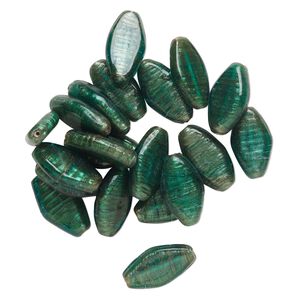 Bead, lampworked glass, translucent dark green, 30x18mm-33x20mm flat marquise with copper-colored glitter. Sold per pkg of 20.