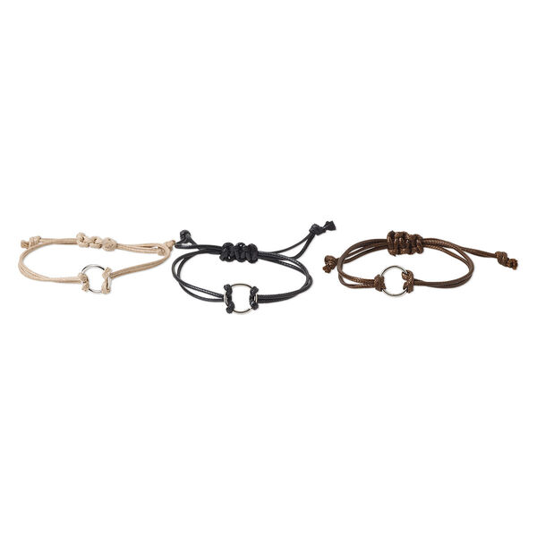 Bracelet, waxed cotton cord and silver-finished steel, brown / black / tan, 18mm wide with 18mm ring, adjustable from 6-10 inches with macramé knot closure. Sold per pkg of 3. image number 0