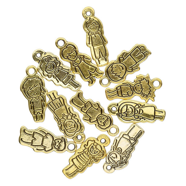 Charm, antique gold-finished "pewter" (zinc-based alloy), 26x13.5mm assorted double-sided boy and double-sided girl. Sold per pkg of 12. image number 0