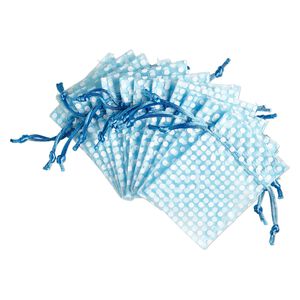 Pouch, organza, turquoise blue and white, 4x3 inches with dots pattern and drawstring closure. Sold per pkg of 12.