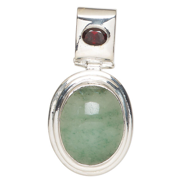 Pendant, green aventurine (natural) / garnet (natural) / sterling silver, 28x24mm oval. Sold individually. image number 0